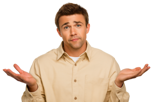 Young Caucasian man shrugging shoulders and hands up, with I don't know or confused expression, isolated on white or transparent background