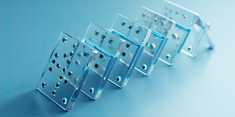 Clear glass dominoes arranged in a line on a light blue surface