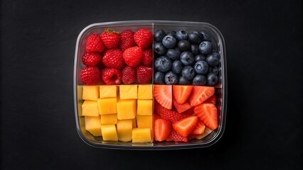 A healthy assortment of fresh berries and fruits in a clear container on black background