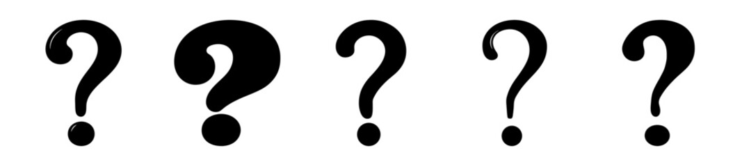 Five black question marks in a row on a white background