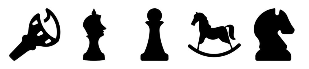 Silhouette of Chess Pieces and a Rocking Horse Toy on White Background