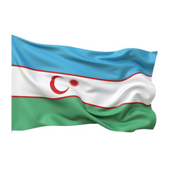 Uzbekistani flag blue white green horizontal with crescent stars, fabric material realistic, gentle flowing movement, clean studio setup, isolated transparent, stock photography quality, celestial