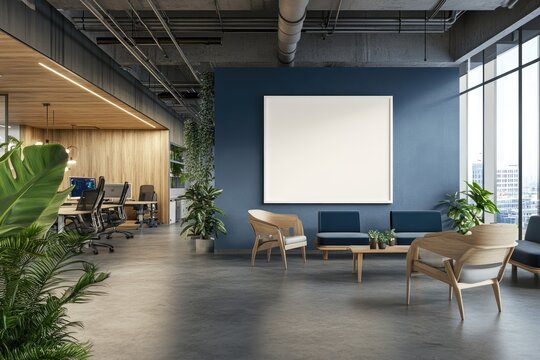 Modern office space with a blank wall display - Powered by Adobe