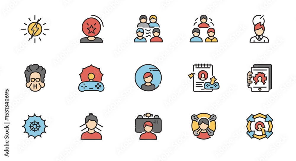 Poster vector icons set of colorful icon set depicting diverse concepts and professions. vector illustratio