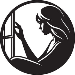 Silhouette of a woman looking out a window in a circular frame in black and white style