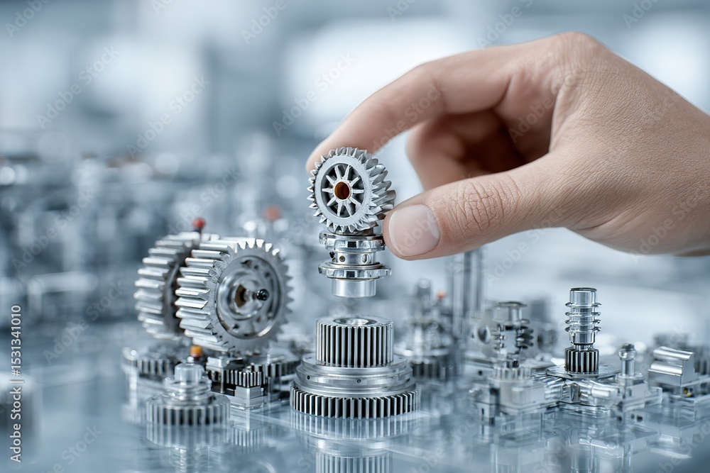 Poster complex machinery assembly process showcasing precision engineering in a workshop