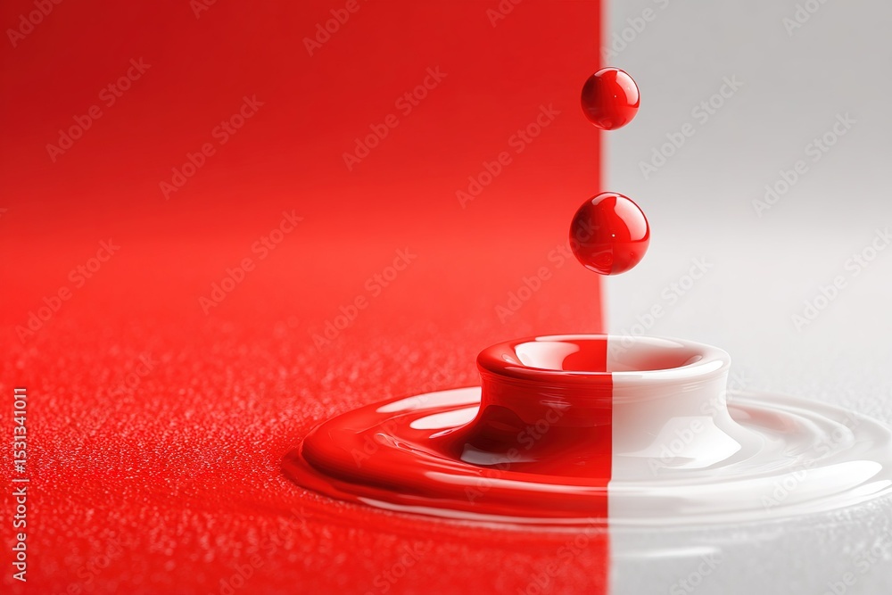 Aufkleber red paint droplets falling into a white surface creating a striking contrast in color and texture