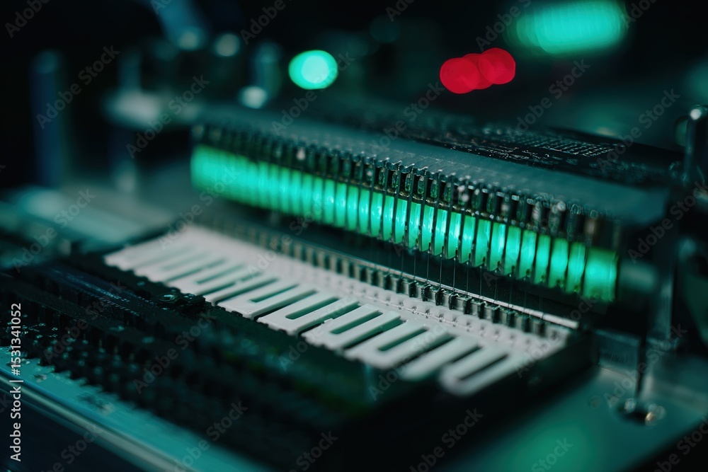 Poster close-up view of green illuminated circuitry with keyboard elements showcasing technology in action