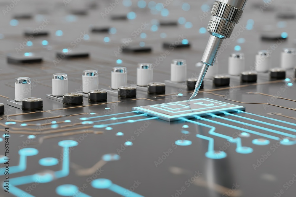 Poster technician working on a microchip in a laboratory during an afternoon session focused on electronic 