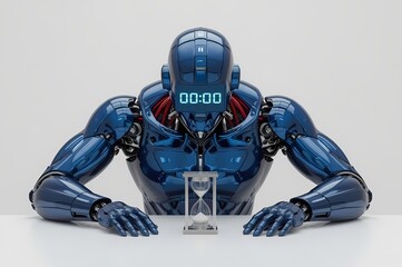 Image of a robot with a digital clock face staring at an hourglass waiting for time to pass, robot, droid, science, technology, time, clock, hourglass, time out, waiting for time, race against time, v