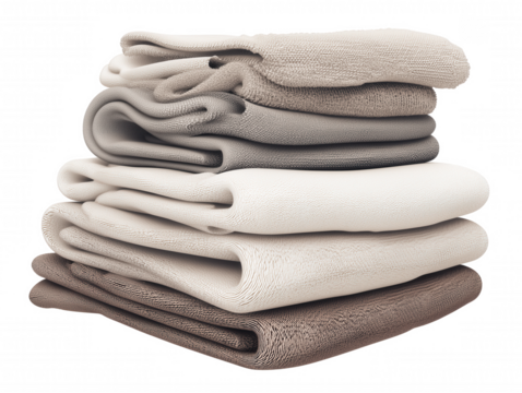 Stack of five neatly folded towels in neutral gradient shades on transparent background