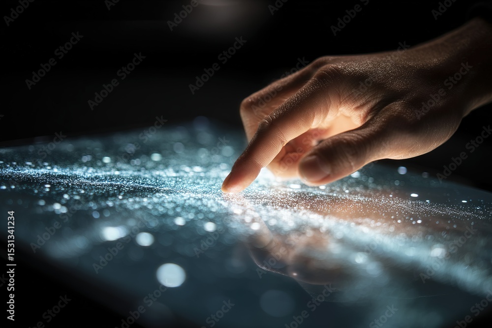 Poster exploring a galaxy simulation with fingertips on a glowing touchscreen at night