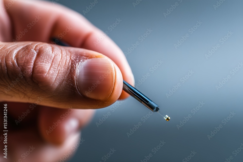 Poster microscopic sensor held between fingers shows intricate design and technology in close-up view
