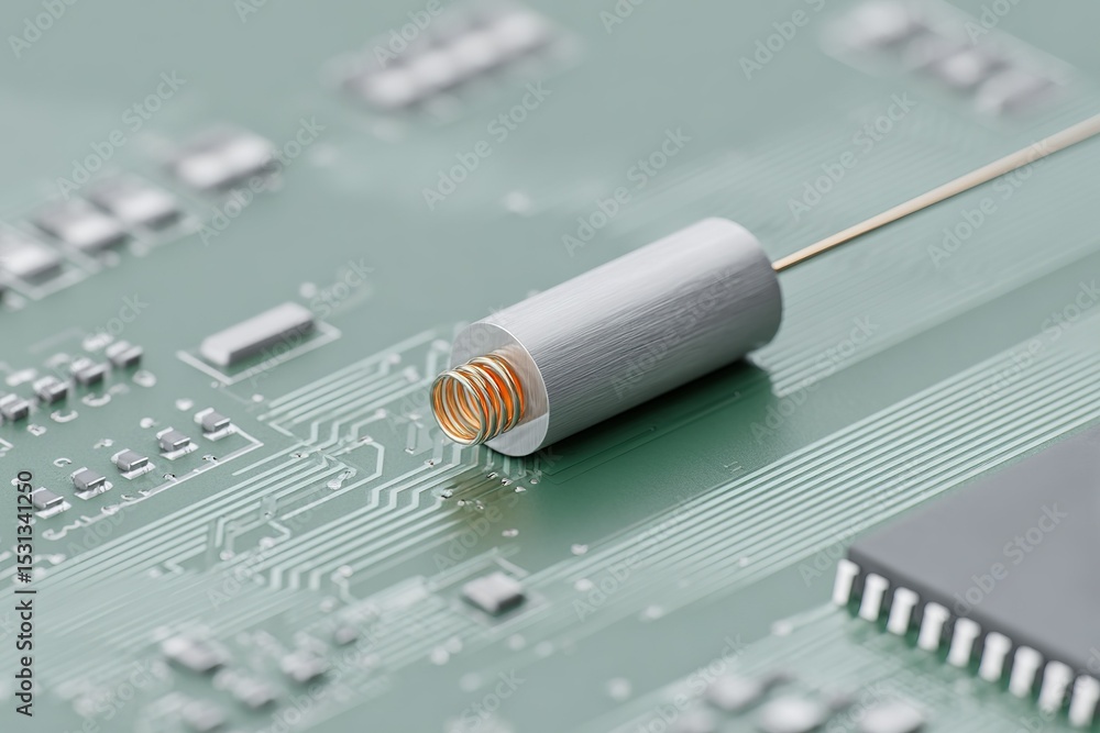 Poster close-up view of a metallic component on a green circuit board with intricate circuitry detailed