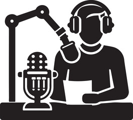 Illustration of a person wearing headphones at a desk with a microphone and document