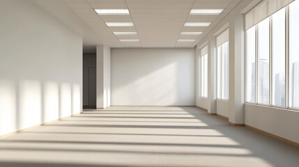 Fototapeta premium Empty office room with white walls, beige carpet, and floor-length blinds partially open, soft morning light entering through the windows