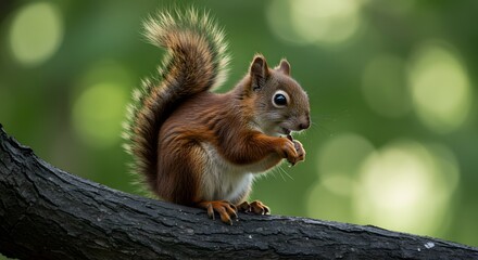 Obraz premium Alert Red Squirrel Perched on a Branch in Natural Woodland Setting