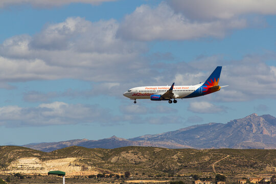 Elche Airport, Alicante Spain, March 31, 2018, a Jet2 Holidays plane is landing at the airport.
