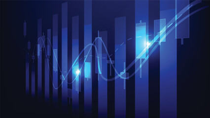 bar chart and candlesticks with blue background. economy and business growth 