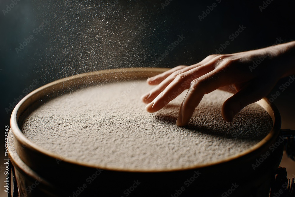 Aufkleber hand touches surface of sandy material, creating mesmerizing patterns in the warm light of a dimly l