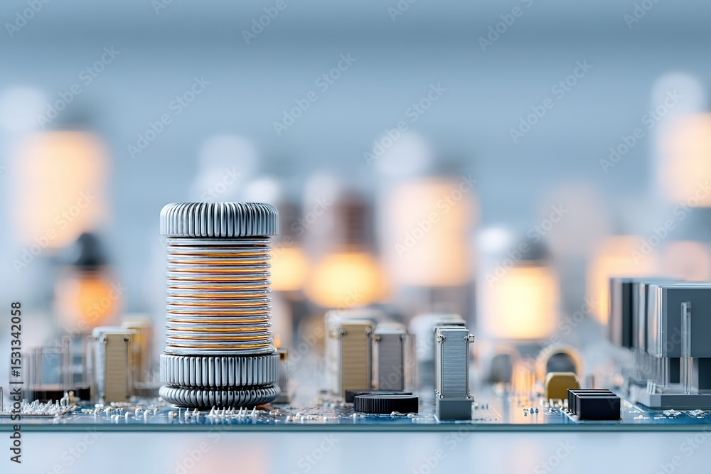 Poster detailed view of electronic components on a circuit board with glowing lights in the background