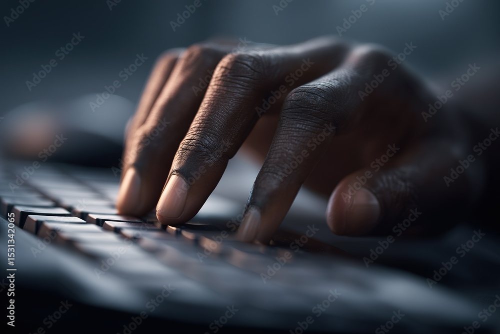 Poster hand typing on a keyboard in a dimly lit workspace during late evening hours