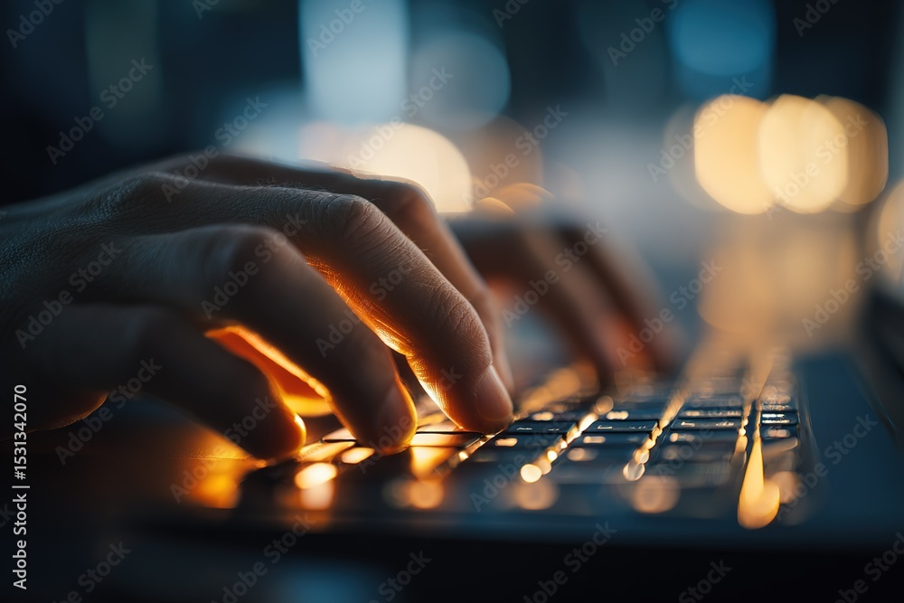 Poster fingers typing on a laptop keyboard in a dimly lit environment with glowing keys and a warm atmosphe