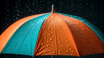 Colorful umbrella with raindrops against a dark background capturing the essence of wet weather
