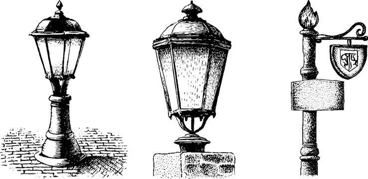 Victorian lamppost set on cobbled street - vintage architecture design for prints