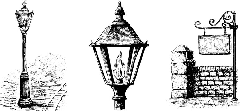 Victorian era lampposts and cobbled street design for historical themed projects