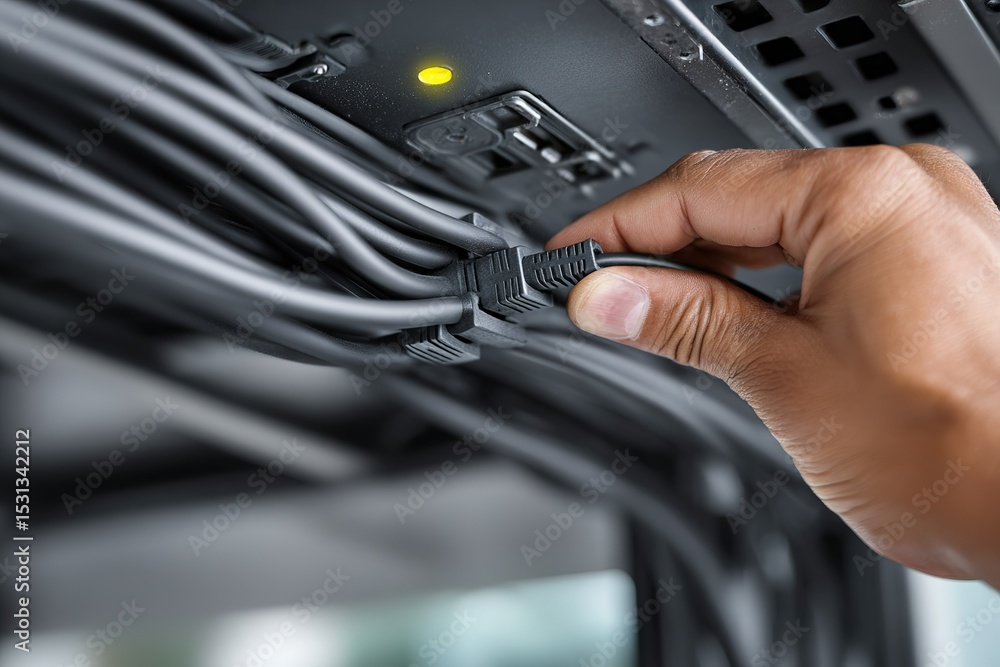 Poster technician connecting black network cables in a data center during the day for optimized performance