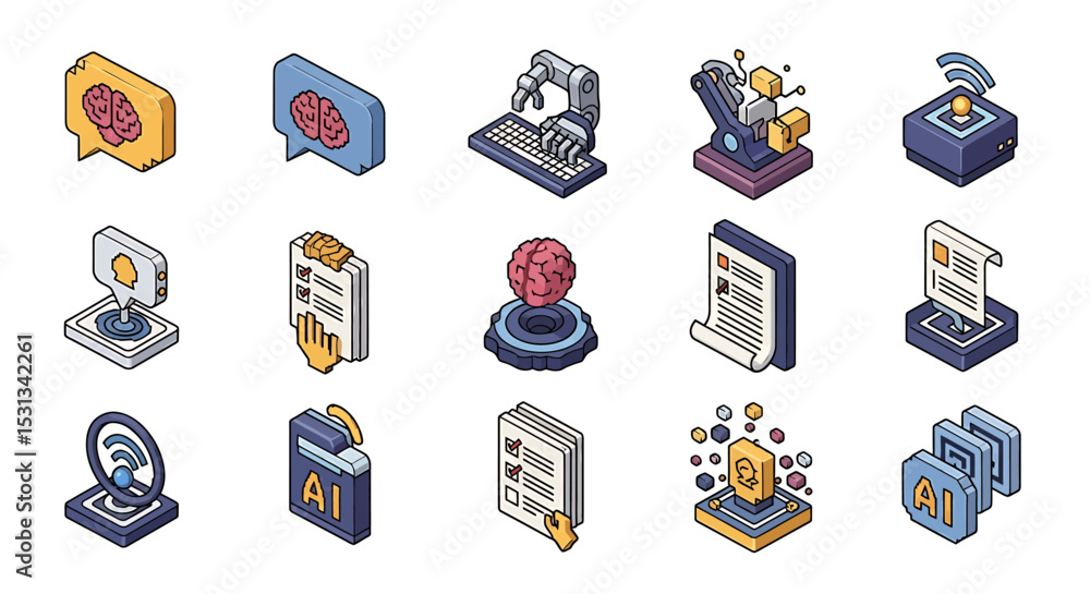 Poster vector icons set of colorful isometric representations of artificial intelligence concepts. vector i