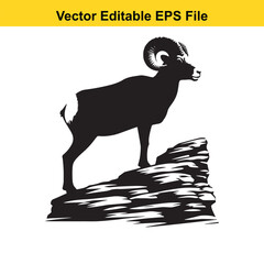 Majestic Ram Silhouette on Rocky Peak: A Vector Illustration