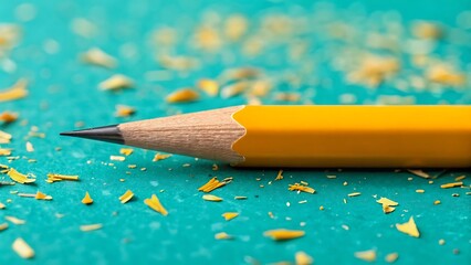 Sharp yellow pencil tip with shavings on a turquoise background creating a focus