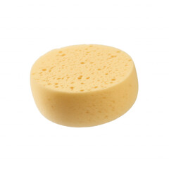 Close-up of a round, yellowish sponge with porous texture, isolated on transparent background