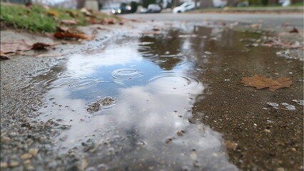 Fototapeta premium A wet concrete surface with puddles reflecting a cloudy sky, raindrops rippling across the ground, scattered leaves visible, soft natural light enhancing surface shine and texture.