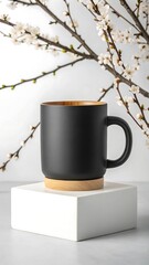 Elegant black ceramic mug with wooden interior and floral background creating a minimalist aesthetic