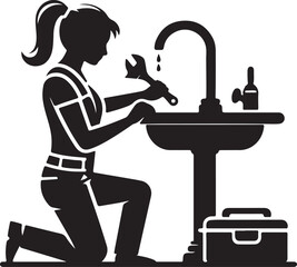 Silhouette illustration of a female plumber fixing a sink with a wrench and toolbox