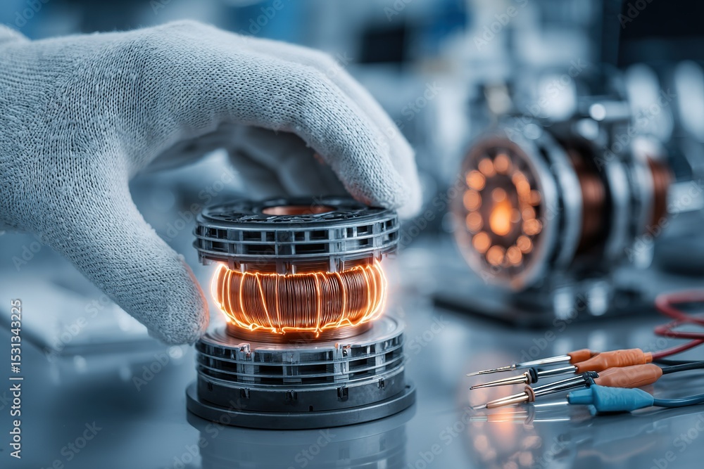 Poster expert technician assembling precision electromagnetic component in high-tech laboratory during dayl