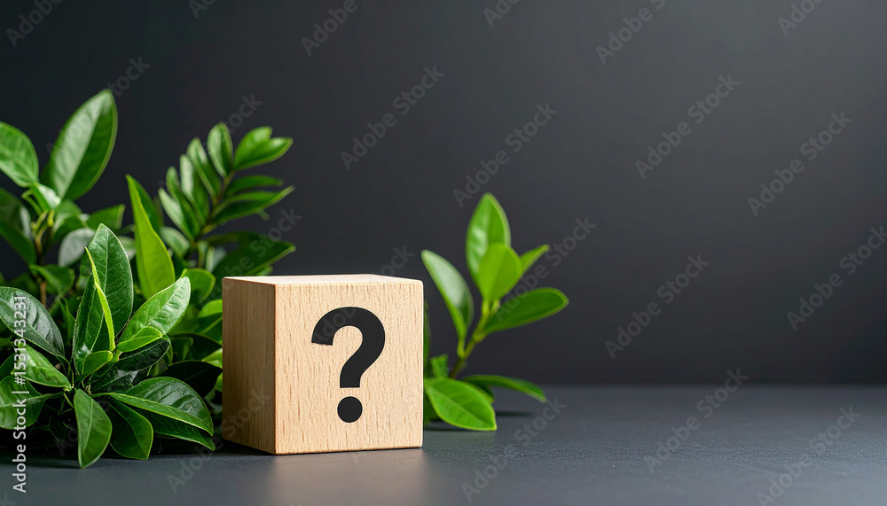 Poster wooden block with question mark, green plants on backdrop. faq and qa. problem solution.