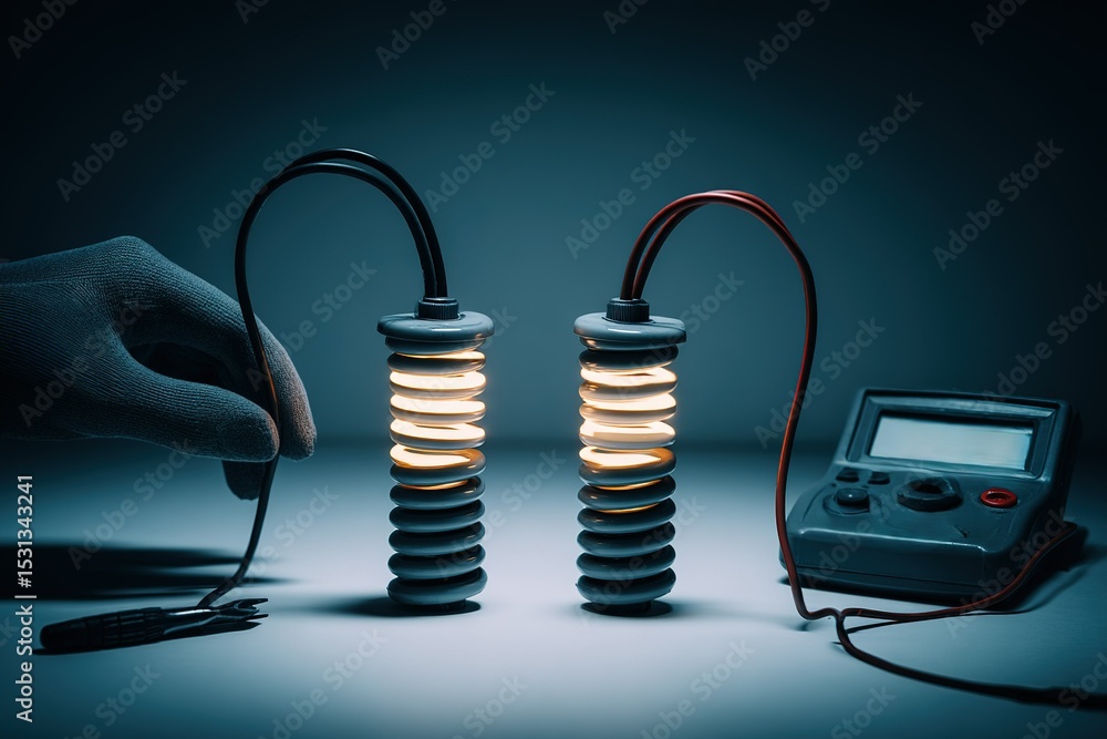Poster electrical experiment highlighting glowing coils and multimeter in low light environment