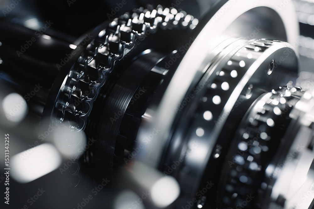 Poster close-up of intricate mechanical gears and chains showcasing precision engineering in a workshop set