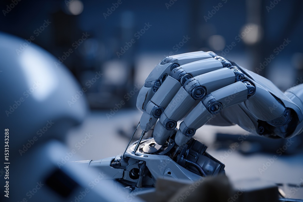 Poster robot hand performing intricate repairs on mechanical components in a workshop environment with blue