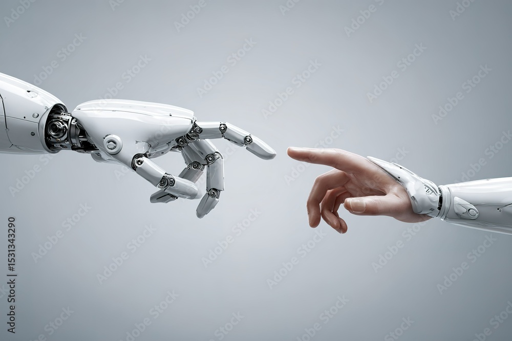 Poster human and robot hands reaching towards each other in a symbolic moment of connection and collaborati