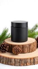 Elegant black jar mockup for cosmetic product presentation surrounded by natural elements