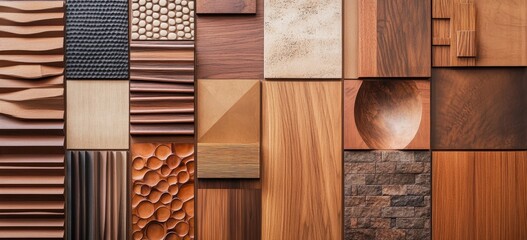 A collage of various wood panel textures, showcasing a range of patterns and finishes.  Different wood tones and surface treatments are arranged in a geometric pattern