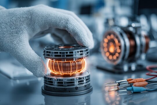 Expert technician assembling precision electromagnetic component in high-tech laboratory during daylight hours
