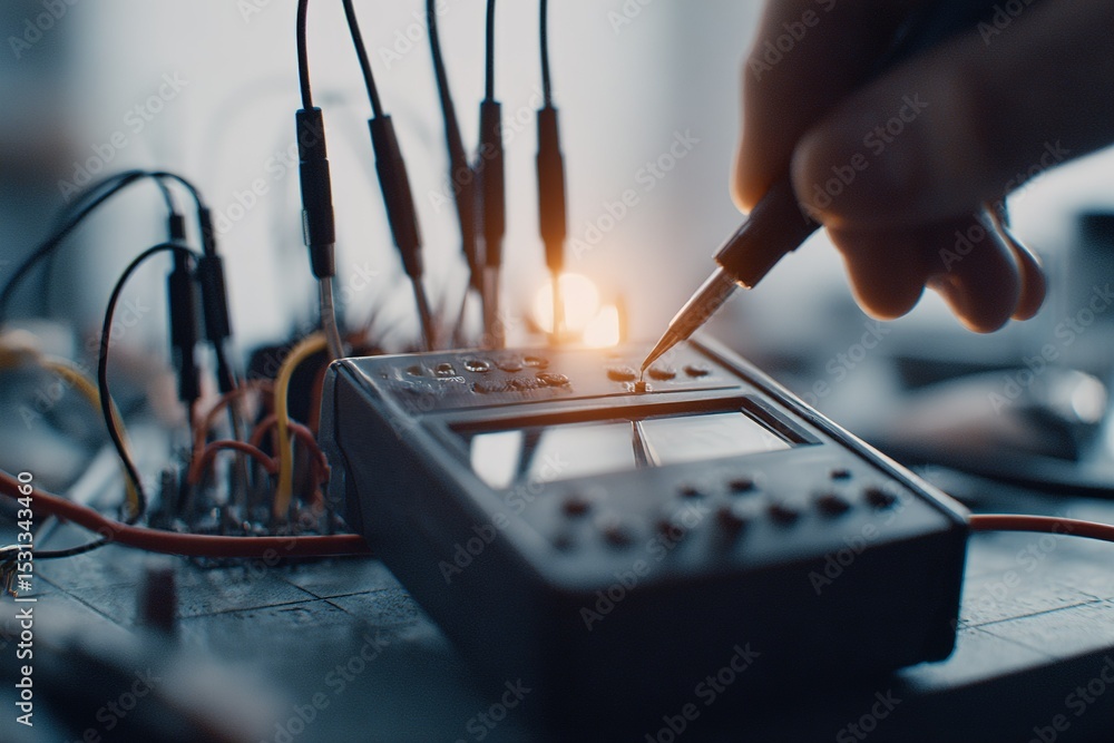 Poster testing electronic components with a multimeter in a workshop during daylight hours