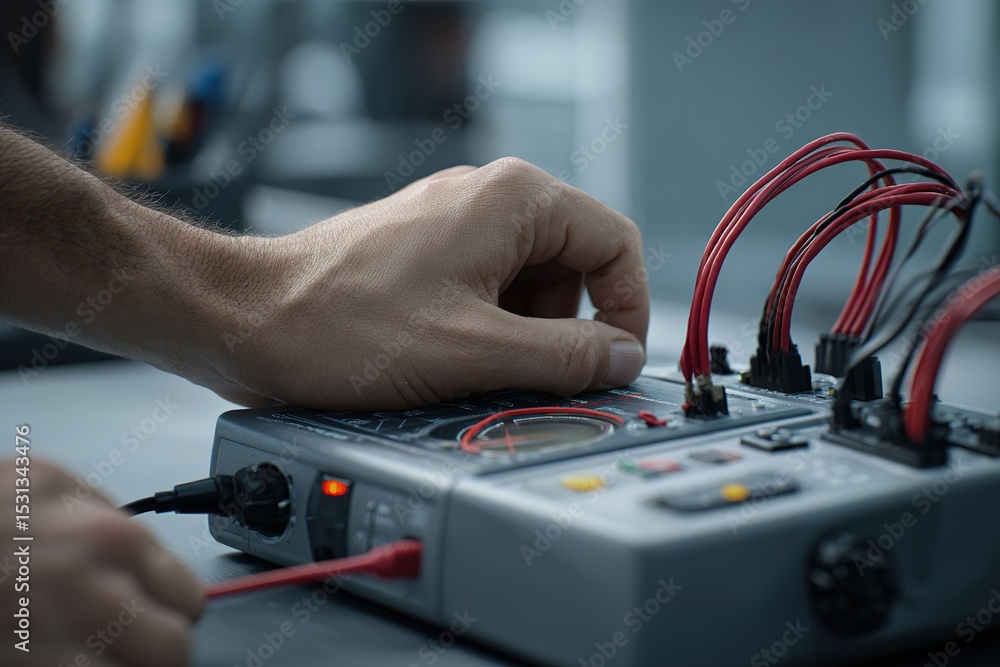 Poster technician using multimeter for electrical measurements in workshop during bright day