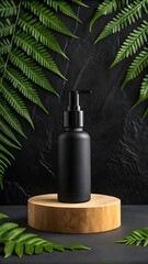 Minimalist black bottle for cosmetic product displayed on a wooden plinth with fern leaves